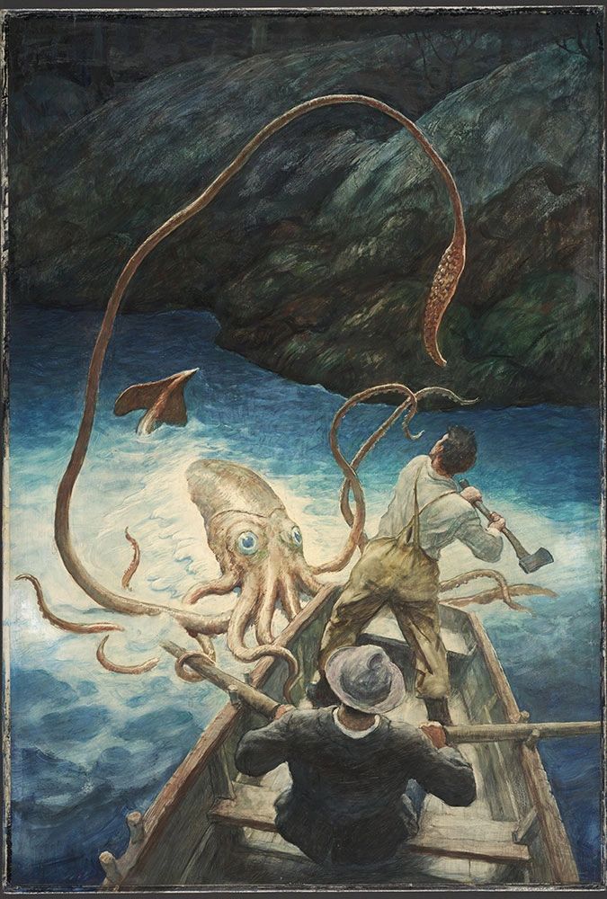 An artist's depiction of young Tom Picot's battle with a giant squid by N.C. Wyeth in the painting 'The Adventures of the Giant Squid.'