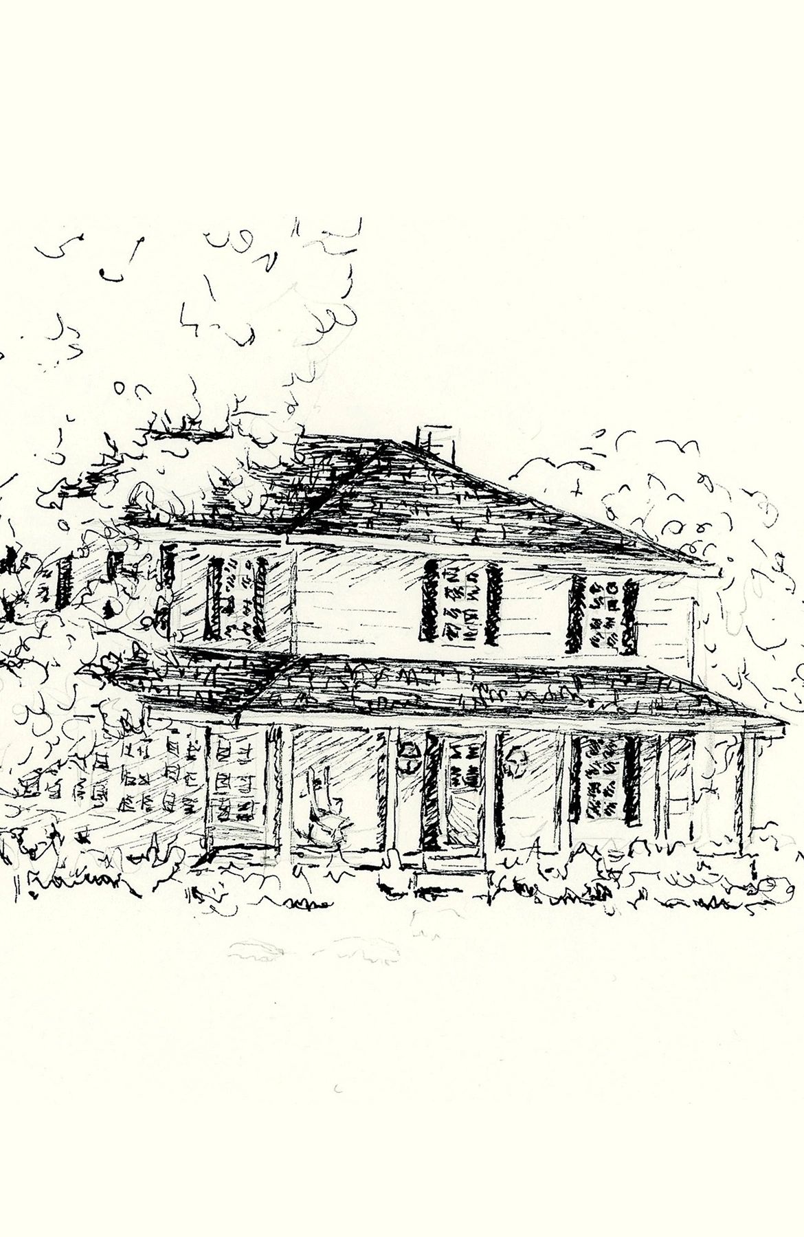 A sketch of Binstead House, just outside of Charlottetown, PEI. In 1856, wealthy Englishwoman Georgina Pennée moved into the house and found an unexpected guest in her spare bedroom: a ghost. Curiously unbothered by this unexpected development, she decided she would investigate to try and figure out who the ghost was. (sketch by Alexandra Keely, the author's sister).