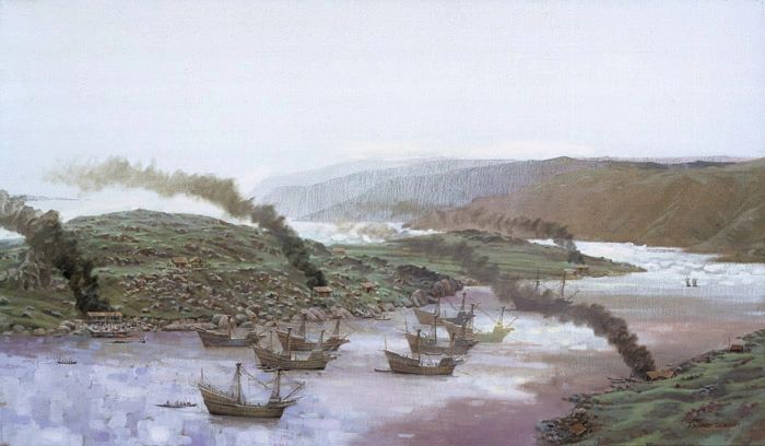 A painting of Basque galleons at anchor in Labrador. Photograph: Richard Schlecht/National Geographic