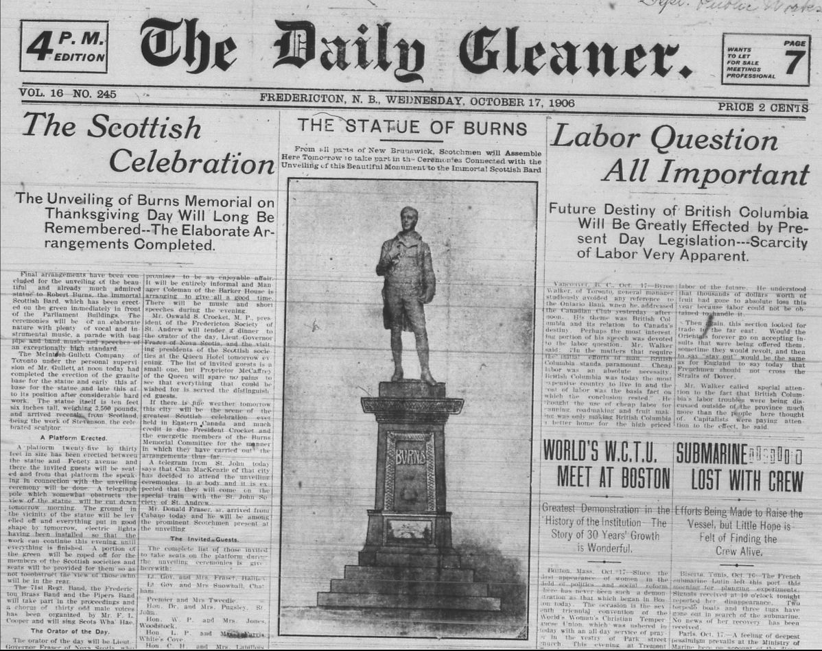 Fredericton's Daily Gleaner newspaper eagerly awaiting the unveiling of the Burns Monument the day before it is unveiled.