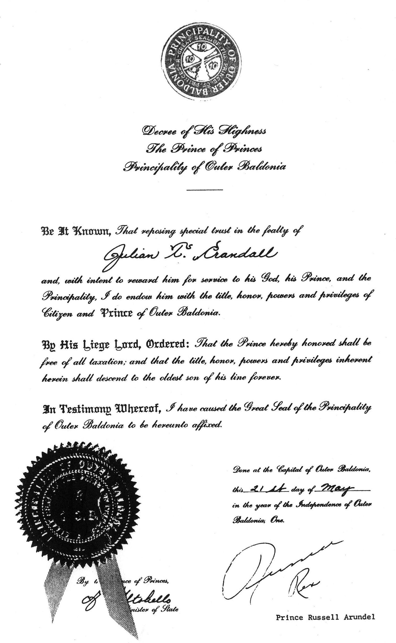 An official decree from the government of the Principality of Outer Baldonia (Yarmouth Archives)