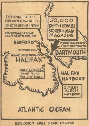 This contemporary newspaper infographic explains to readers the explosion site and evaacuations.