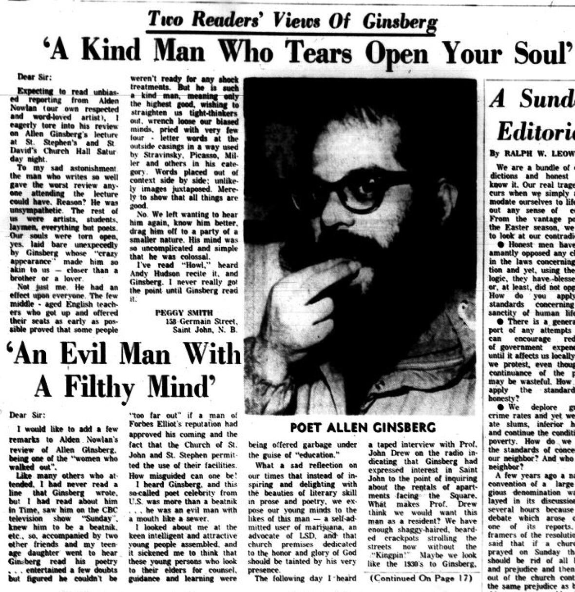 The Telegraph Journal newspaper decided that instead of sending a reviewer to cover Allen Ginsberg's reading of Howl in Saint John on Easter 1967, they would get two ordinary citizens to write reviews. One loved Allen Ginsberg, and the other hated him. (Telegraph-Journal)