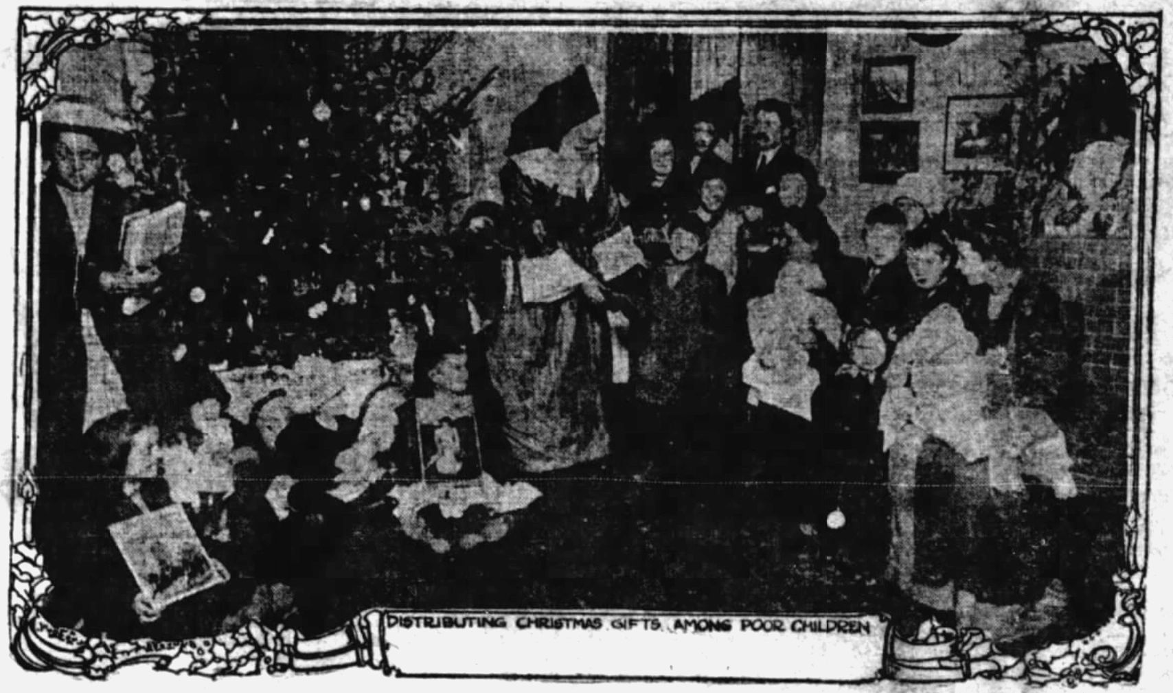 This is allegedly a photo of Santa bring presents to poor children, although it's really hard to tell because the local Daily Gleaner really struggled to print photos!