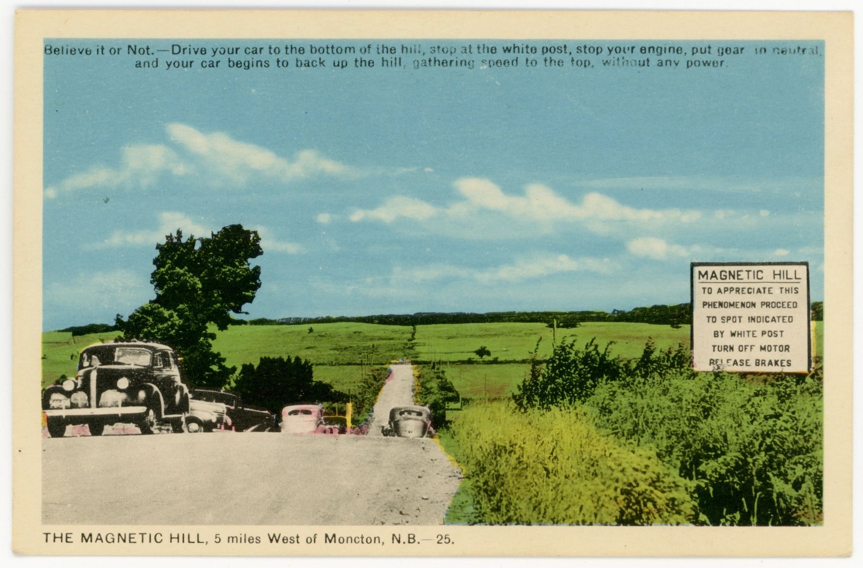 A postcard of Magnetic Hill, outside of Moncton, back in the 1930s. It was once the third most visited tourism hotspot in Canada. (Provincial Archives of New Brunswick P45-568)