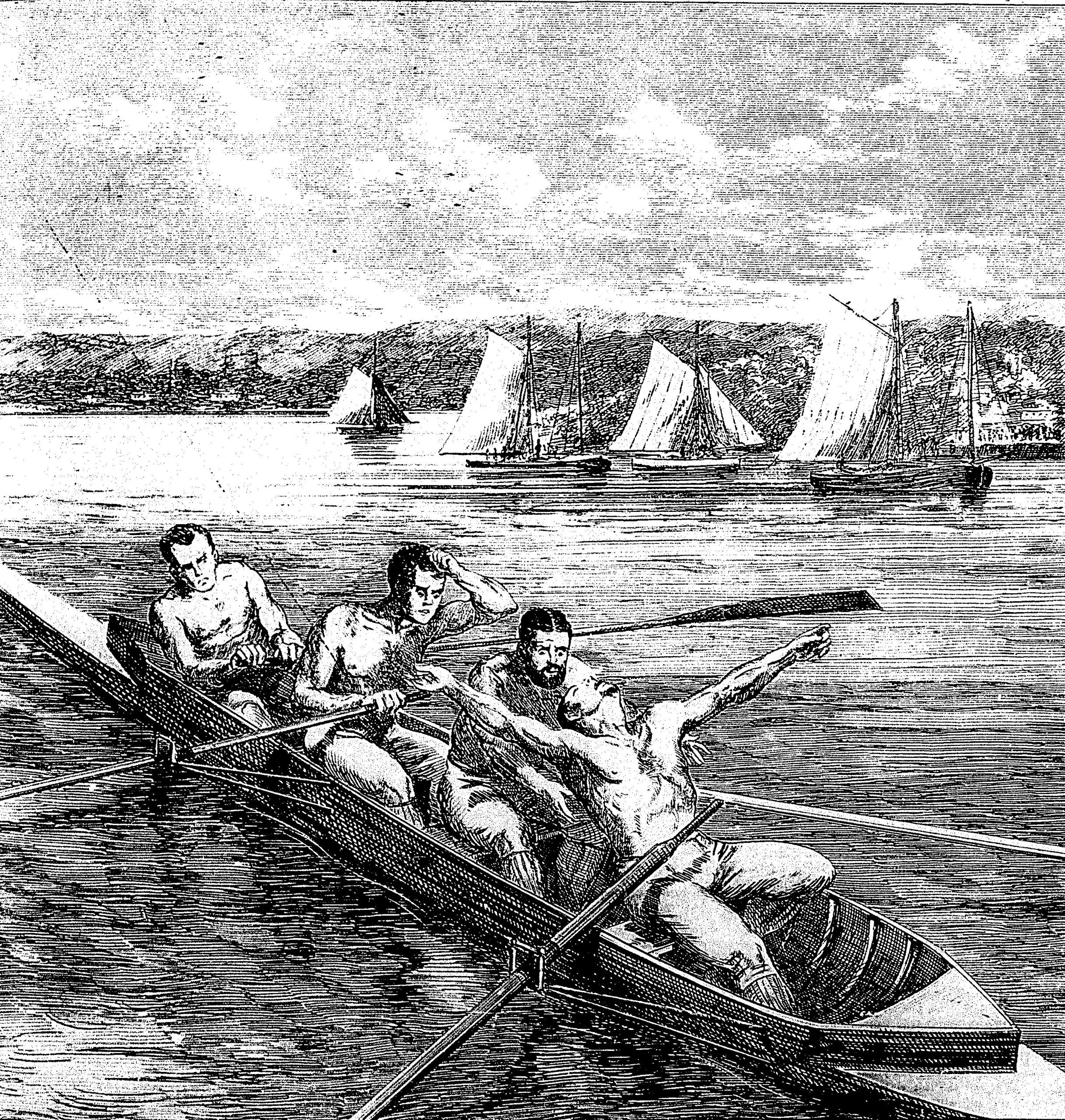 This sketch from Canadian Illustrated Magazine shows the moment when a shocking tragedy struck the famous International Boat Race in Saint John midrace in 1871 as the legendary New Brunswick rowers known as The Paris Crew were competing. (Canadian Illustrated Magazine V.4No.10)