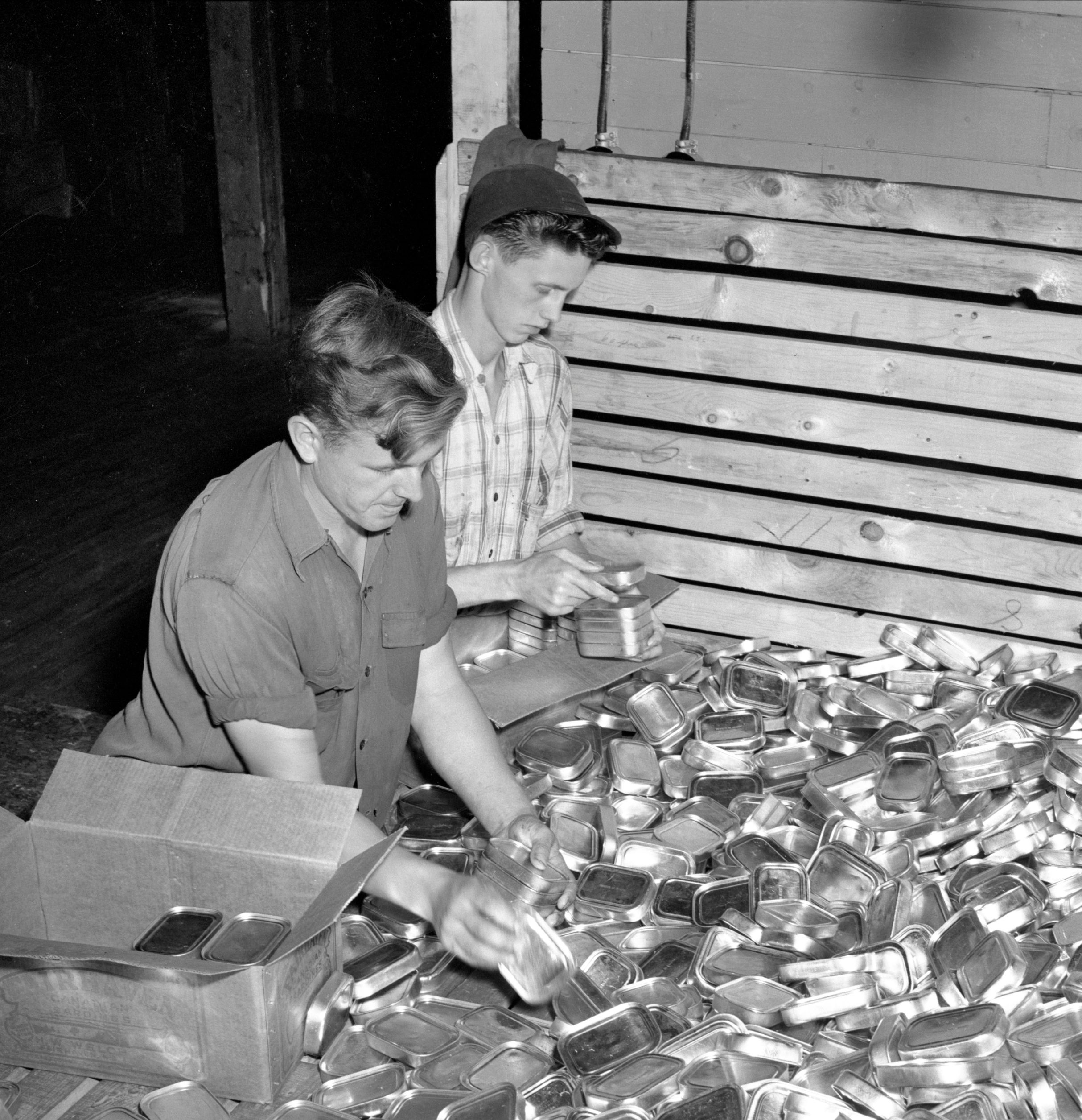 Packaging sardine cans into boxes at the Connors Bros. fish plant in Blacks Harbour. (Provincial Archives of New Brunswick P93\CH\286)
