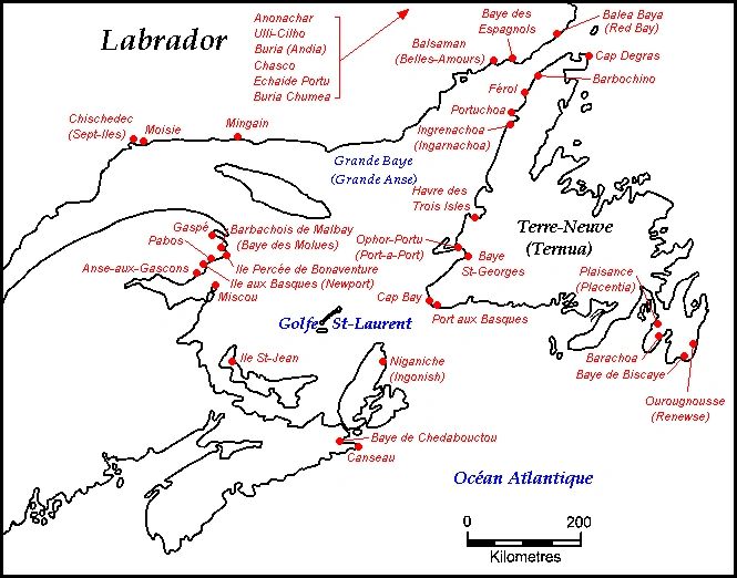 A map of locations of Basque fishing camps in Atlantic Canada.