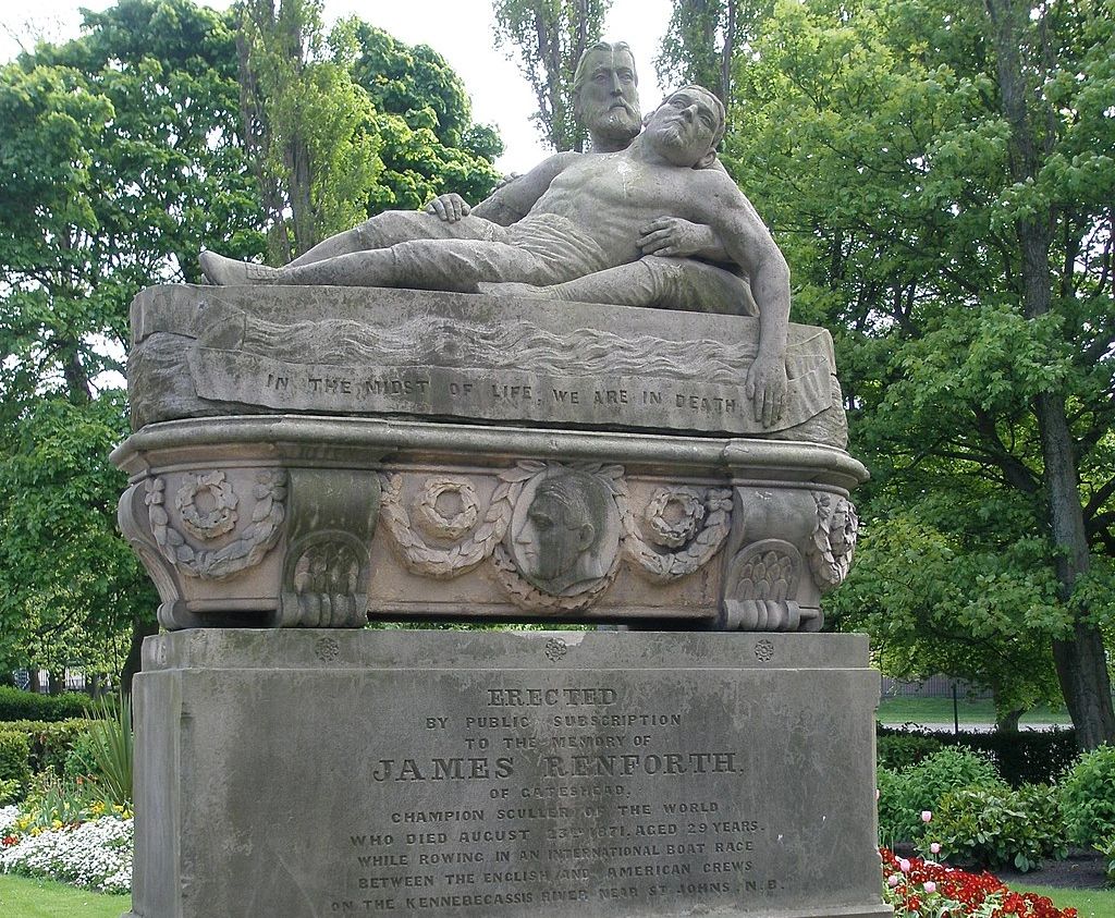 James Renforth's grave in England depicts, in a very Victorian touch, his moment of death in the arms of his teammate Harry Kelley. When Renforth's body was returned to England after "The Fatal Race" in New Brunswick, an estimated 100,000 people turned out to pay their respects to the champion sportsman.