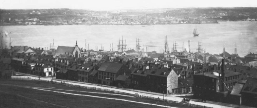 A view of Dartmouth in 1883, with Brunswick Street in the foreground. (Nova Scotia Archives 1983-310 number A-2)