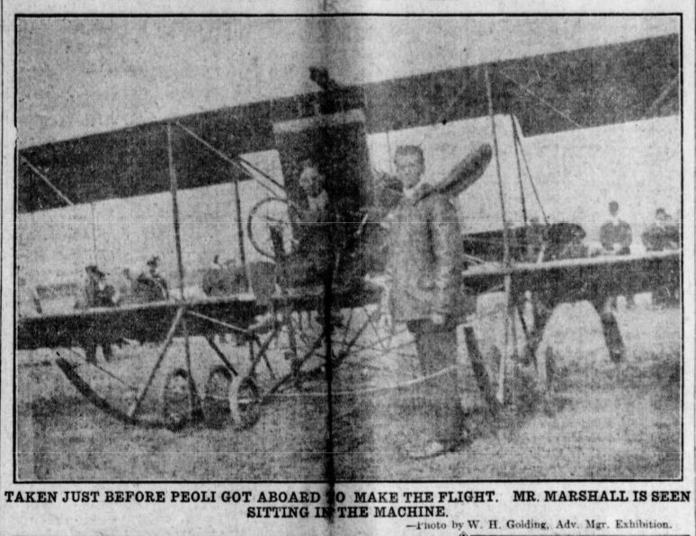 Photo of reporter JJ Marshall and 17 year old pilot Cecil Peoli about to take off.