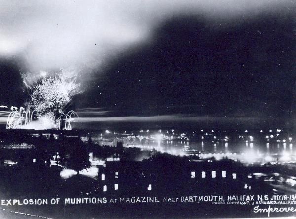 Halifax explosions continuing to light up the July night in Halifax and Dartmouth Nova Scotia in 1945.